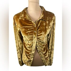 Anthropologie Pol Crushed Velvet Gold Star Button Front Puff Long‎ Sleeves Top